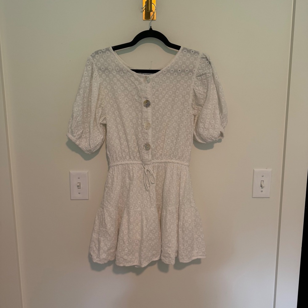 Sabo White Eyelet Lace Mini Dress Puff Sleeve Tiered Button Front Small